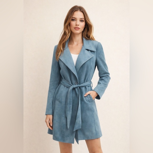 Elie Tahari Jackets & Blazers - Elie Tahari Dusty Blue Faux Leather Belted Wrap Trench Coat Small NWT